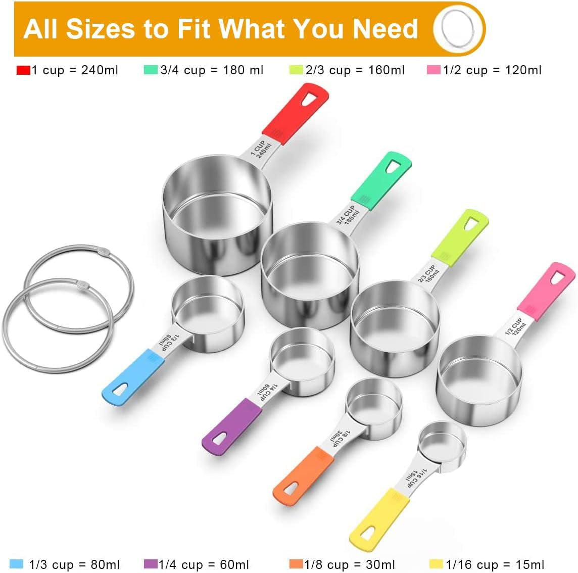 8-Piece Measuring Cups Set, Stainless Steel Nesting Measuring Cups, Perfect for Dry and Liquid Ingredients, Dishwasher Safe